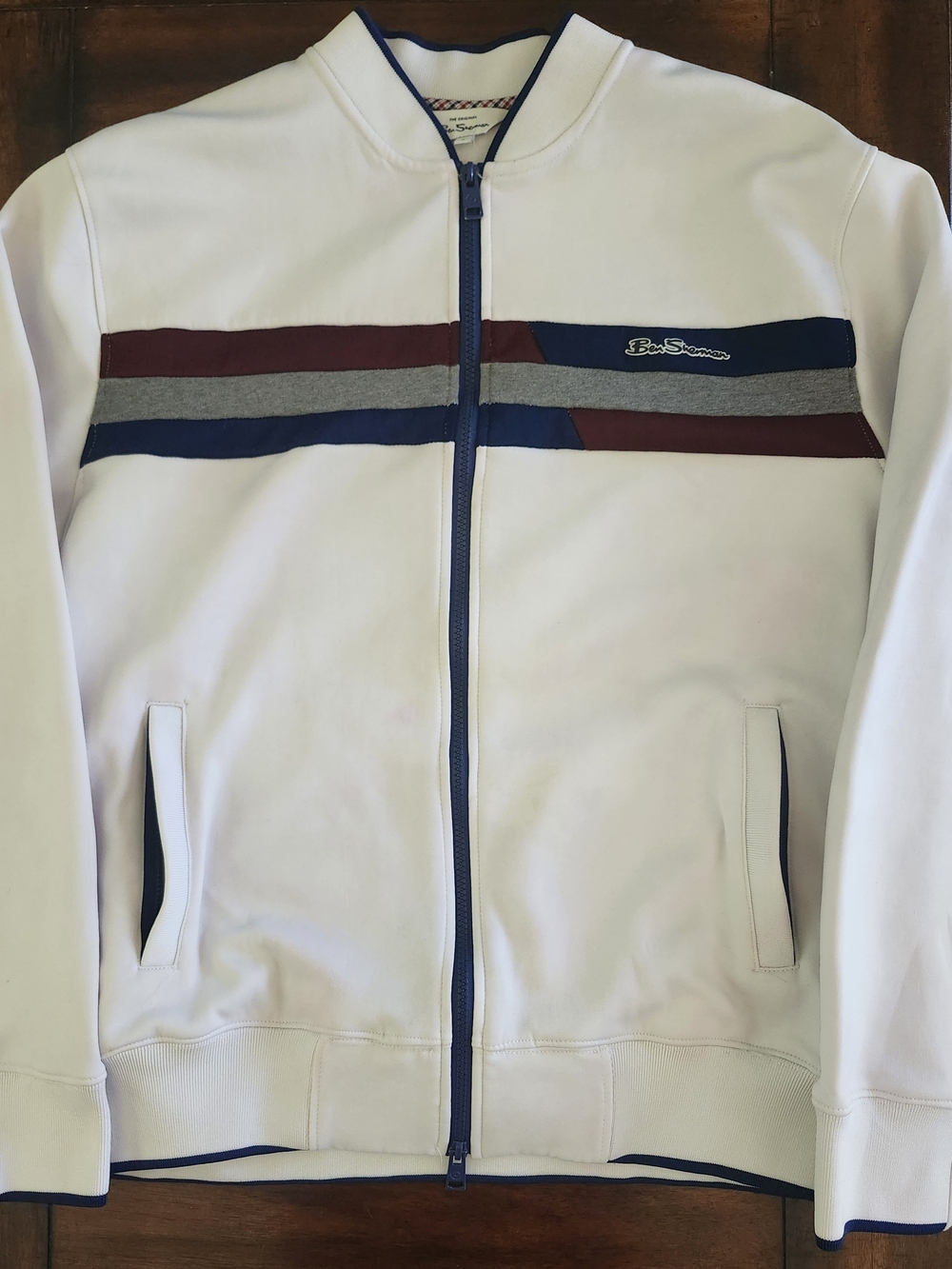 Ben Sherman White Zip-Up Bomber with Navy & Maroon Stripes Men's Large